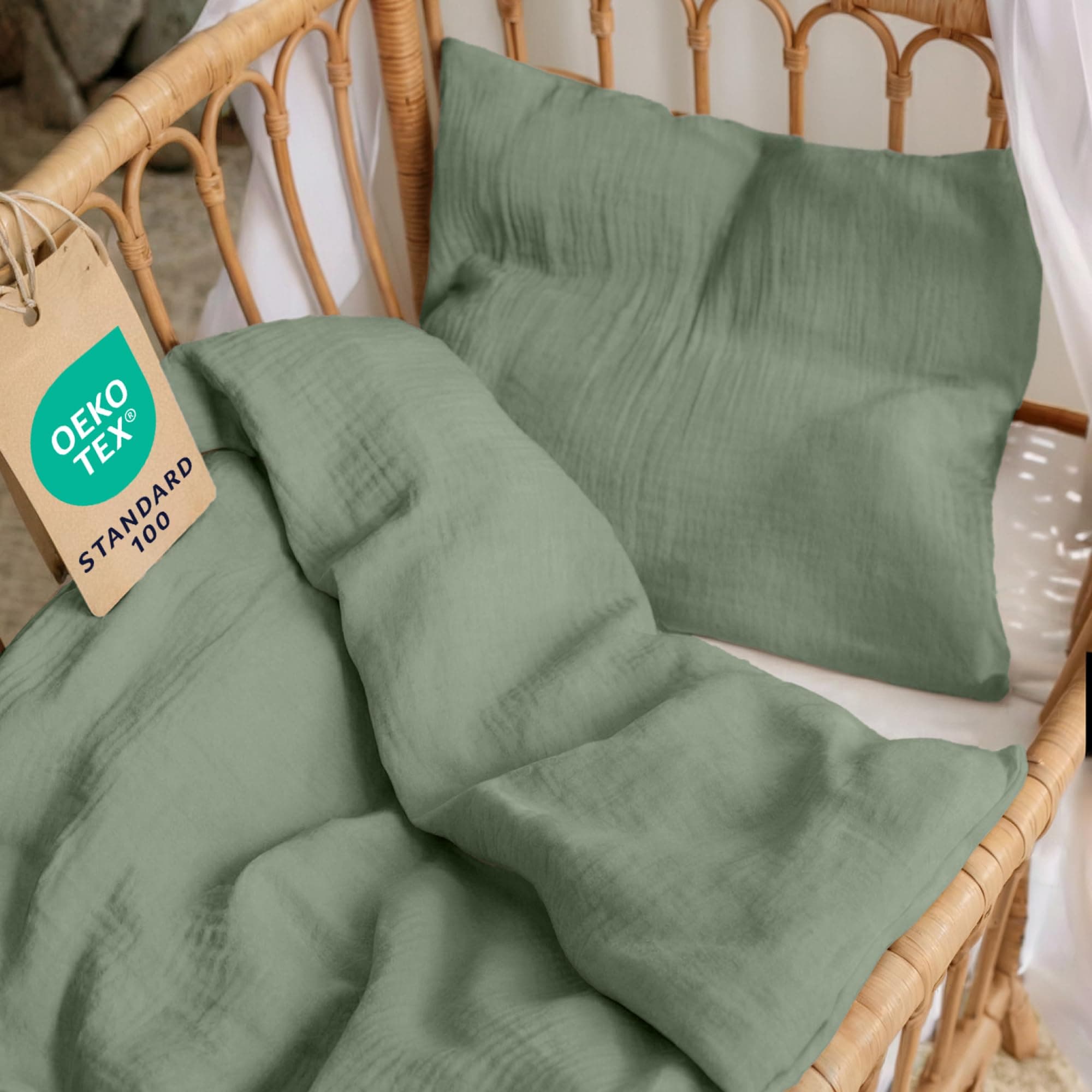 Dreamzie Baby Bettwäsche 80x80 cm + Kissenbezug 35x40 - Musselin aus 100% Baumwolle, Oeko-TEX Zertifiziert,atmungsaktiv & weich, ideal für Sommer & Kinderwagen - Grün Grün 80x80cm + 1 x Kissenbezug 35x40cm Angebot bei HelloDeals