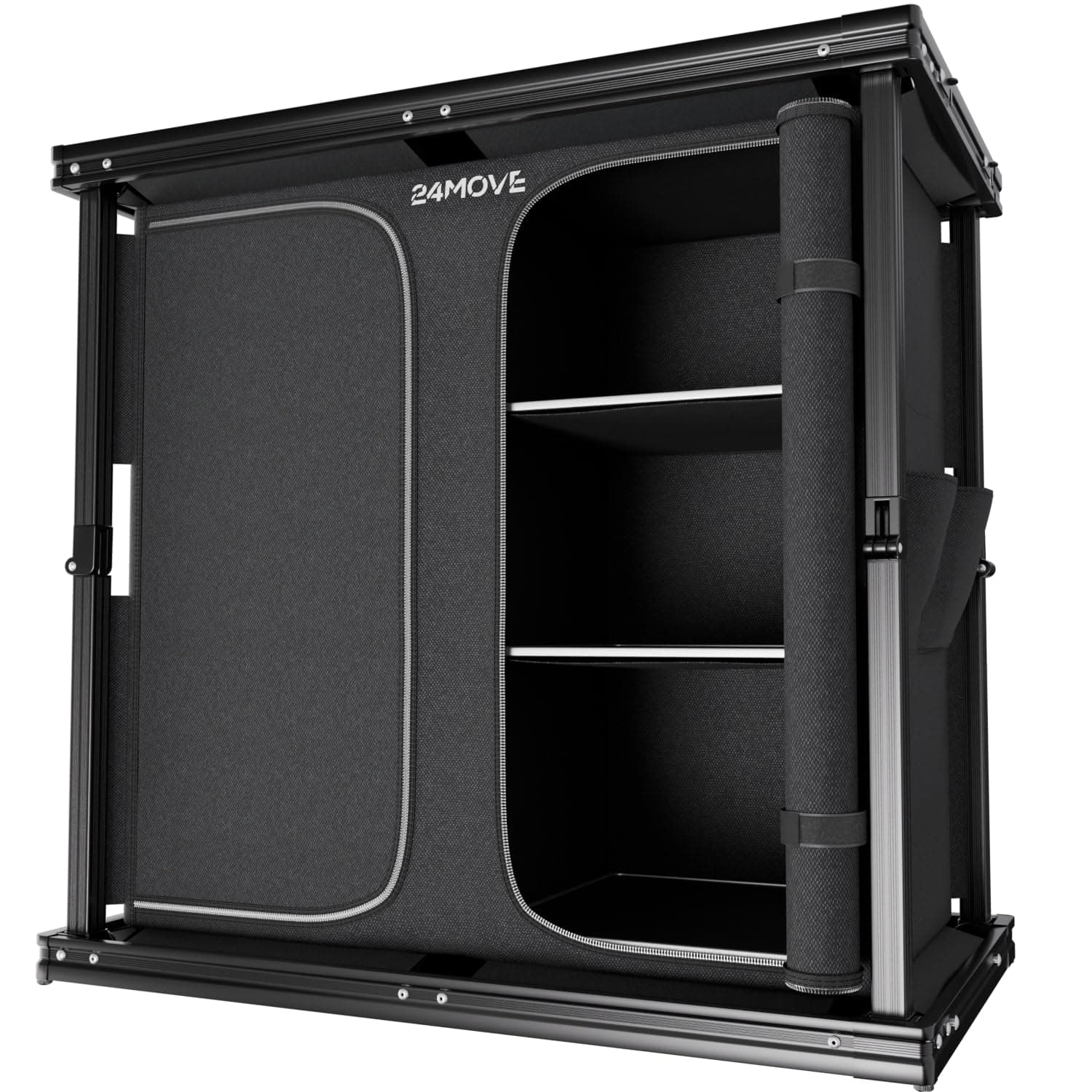 24MOVE® Campingküche faltbar, höhenverstellbarer Campingschrank Alu Reiseküche mit Arbeitsplatte und Staufächern, Outdoor Camping inkl. Tragetasche 84x50x80 Aversa Schwarz Angebot bei HelloDeals