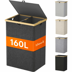 Lifewit 160L Bambus Wäschekorb mit Deckel, Faltbar Wäschesammler 2 Fächer Wäschesortierer mit Abnehmbarem Wäschesack Bambus Griffen Wäschebox Laundry Baskets für Waschküche, Schlafzimmer, Schwarz Schwarz 160 L (2 Compartments) Angebot bei HelloDeals
