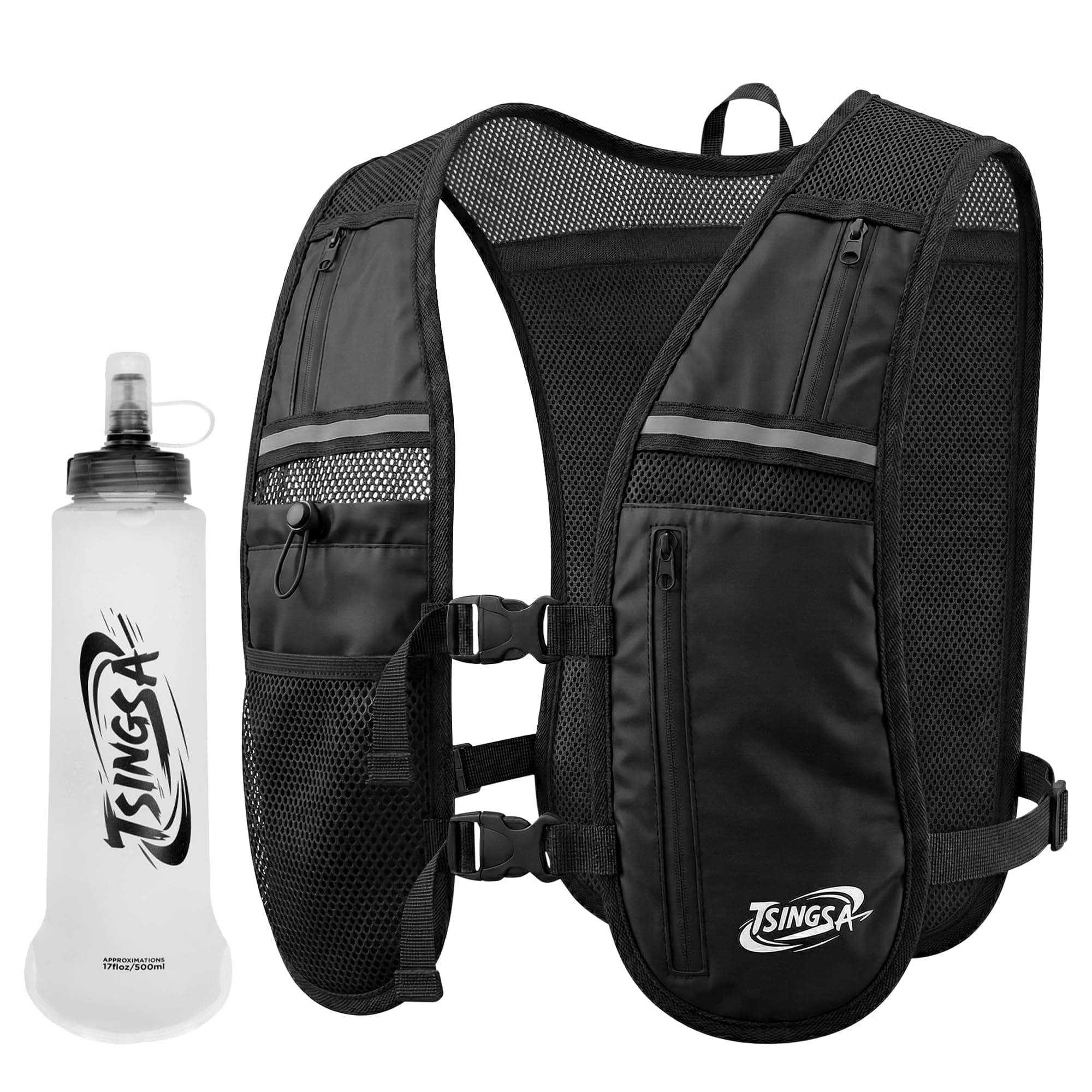 Laufweste Damen und Herren, Leicht&Atmungsaktiv Trinkweste, Verstellbarer Brustgurt Großvolumige Taschen, Laufrucksack mit 500ml Trinkflasche für Joggen Wandern Bergsteigen Radfahren Marathon Angebot bei HelloDeals