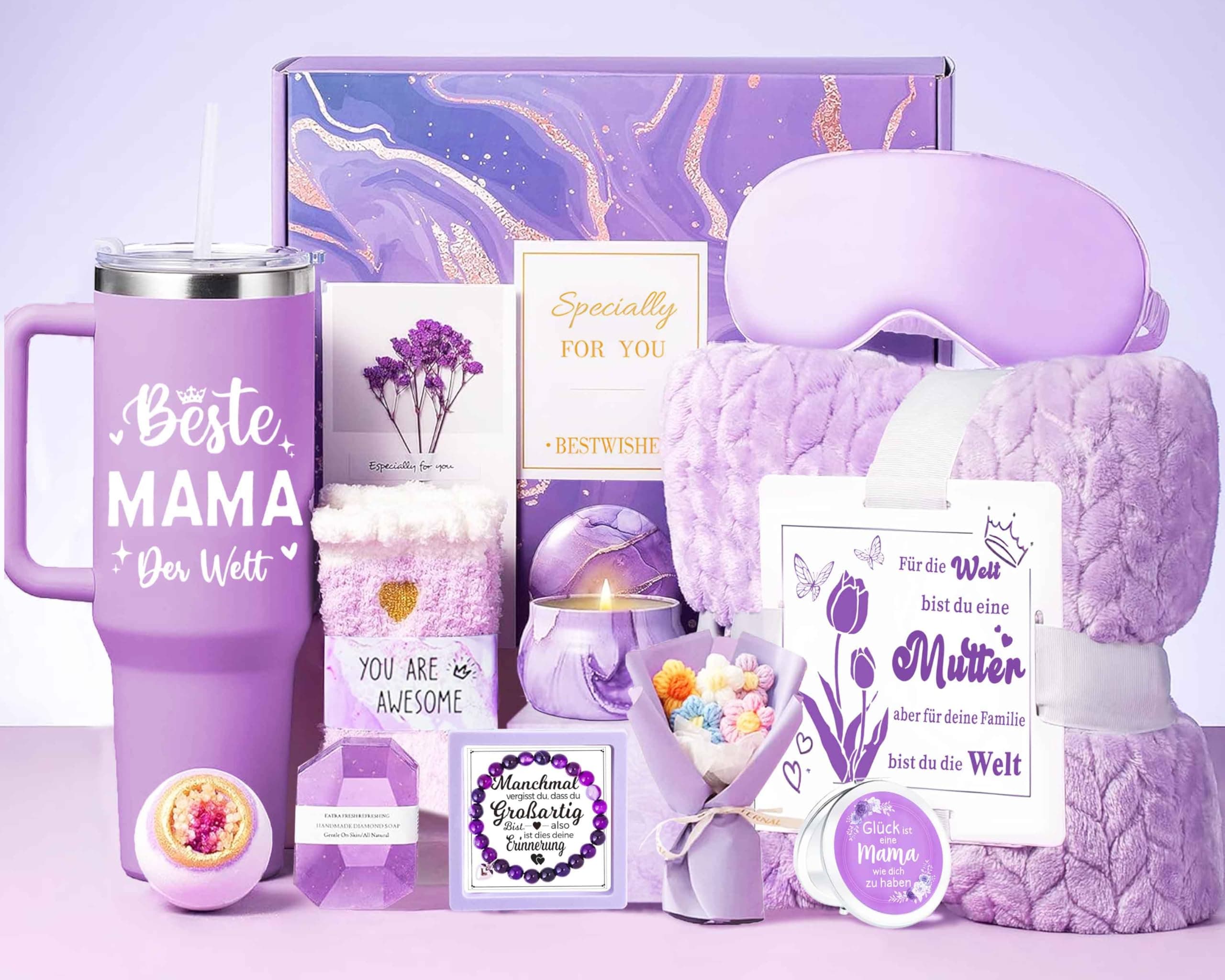Geschenke für Mama, Muttertag Geschenkeset für Mama Mutter Oma mit Kuscheldeck und 40OZ Edeltahl Weinbecher als Weihnachten Geburtstagsgeschenk Muttertagsgeschenke - Lila Beste Mama Angebot bei HelloDeals