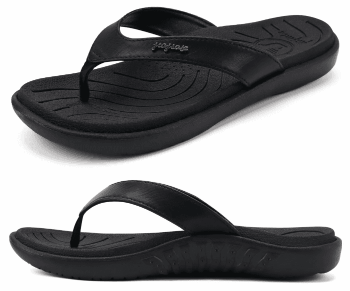 jiajiale Flip Flops Damen Mode Orthopädische Leder Stoff Leicht Zehentrenner Frauen Bequeme Yoga Fußbett Badelatschen Sommer Strand Rutschfest Feste Gummi Sohle 40 EU Schwarz Angebot bei HelloDeals