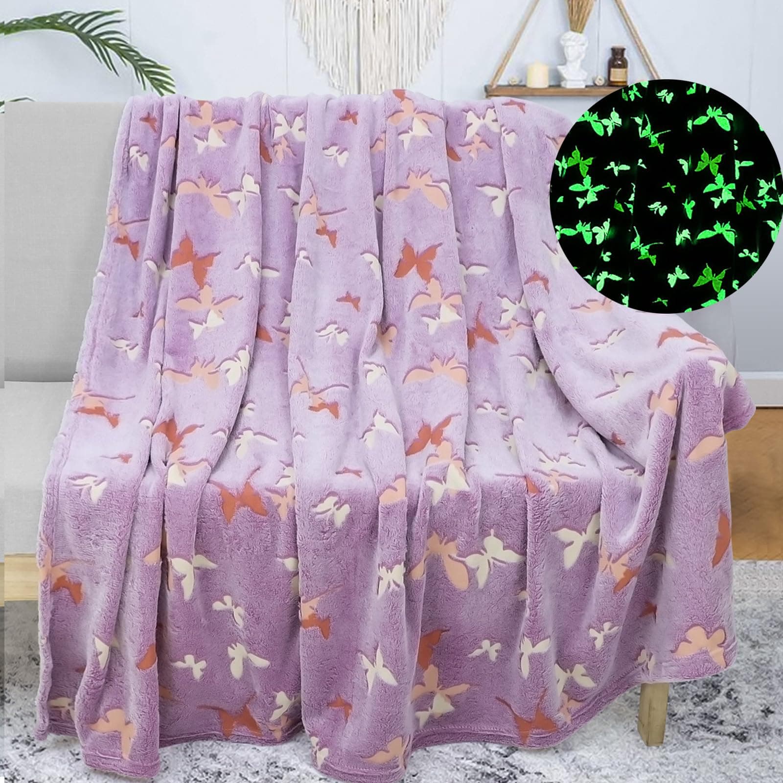 Kuscheldecke Kinder, Decke Leuchtet im Dunkeln, Kinderdecke Schmetterling Pattern Geschenk für Mädchen, Flauschige Sofa Decke Schmetterling 150x200cm Angebot bei HelloDeals