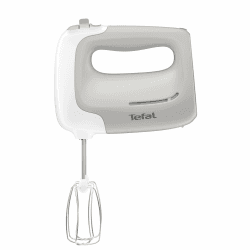 Tefal Handmixer Prep'Mix, 450 W, Handrührgerät mit 5 Geschwindigkeiten, 2 Schneebesen und 2 Knethaken aus Edelstahl, ergonomisches Design, spülmaschinenfestes Zubehör, HT450B Weiß/Grau Angebot bei HelloDeals