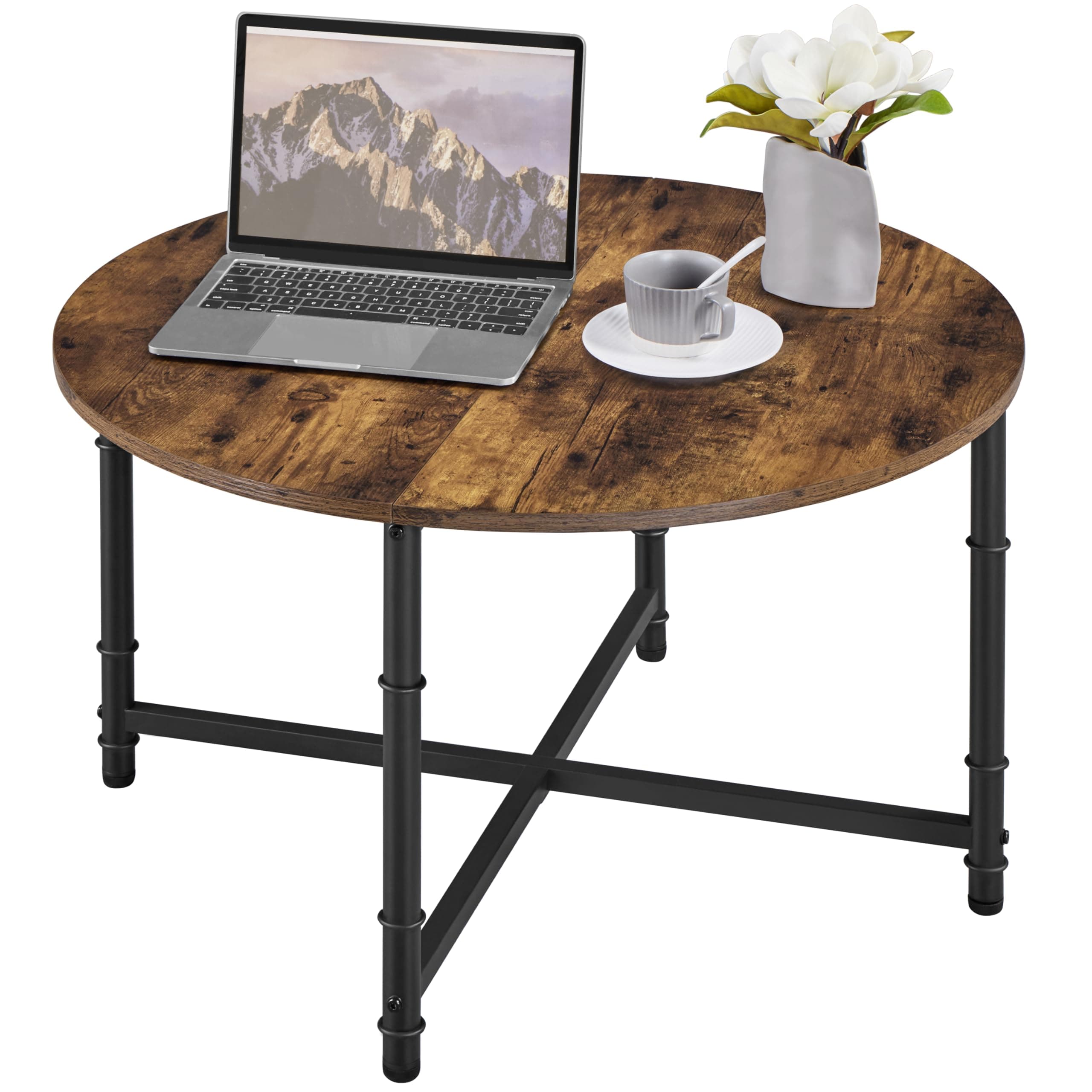 Yaheetech Couchtisch Runder Kaffeetisch Beistelltisch im Industriellen Stil Sofatisch mit Untergestell aus Metall & Tischplatte aus MDF Rustikal-Braun Angebot bei HelloDeals