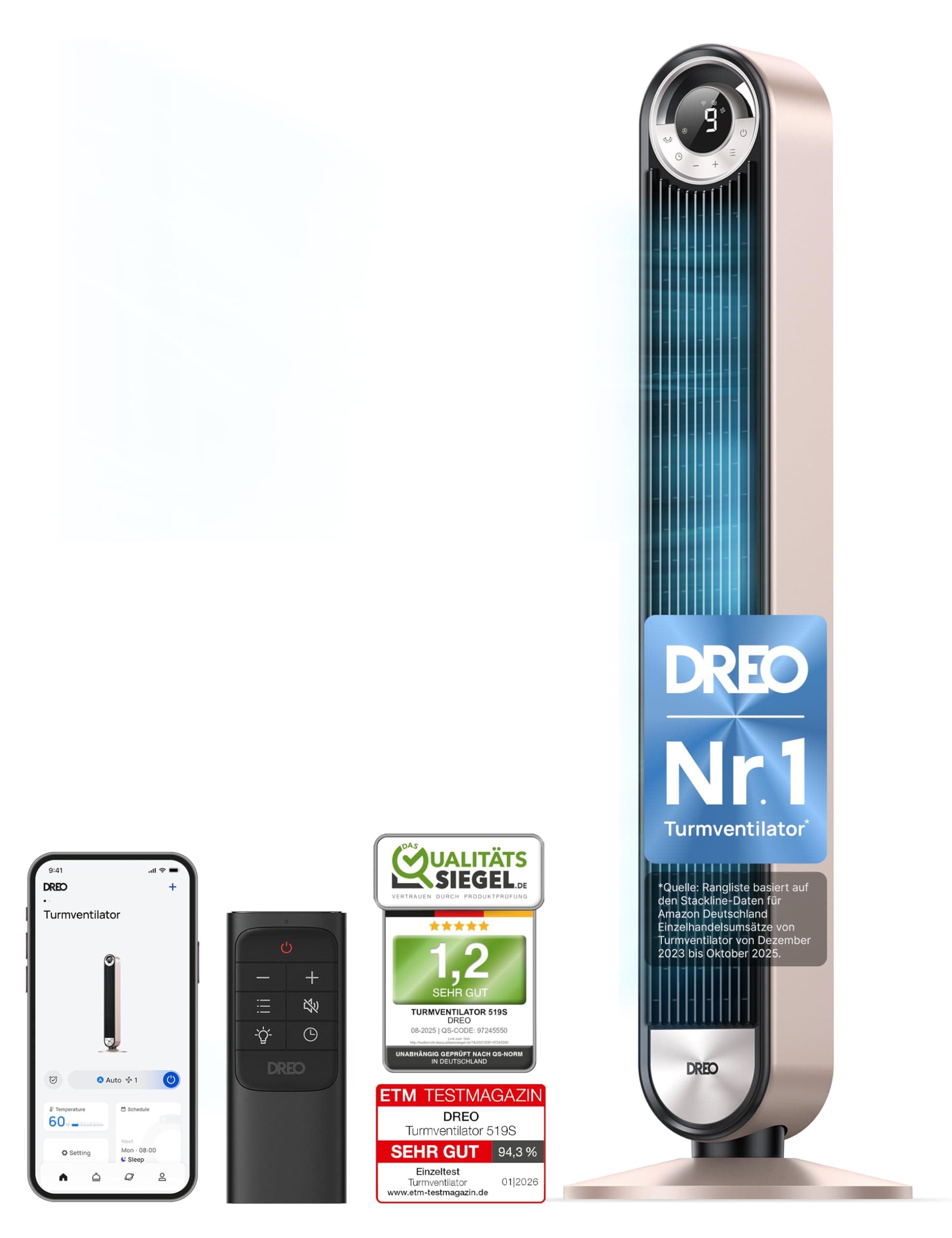 DREO 25dB Smart Leiser Turmventilator mit Kühlung, 106cm WiFi Alexa Tower Fan, 90° oszillierender Ventilator, Fernbedienung 9-Geschwindigkeit 4 Modi 12 Std Timer Sprachsteuerung, Sternenlicht Angebot bei HelloDeals