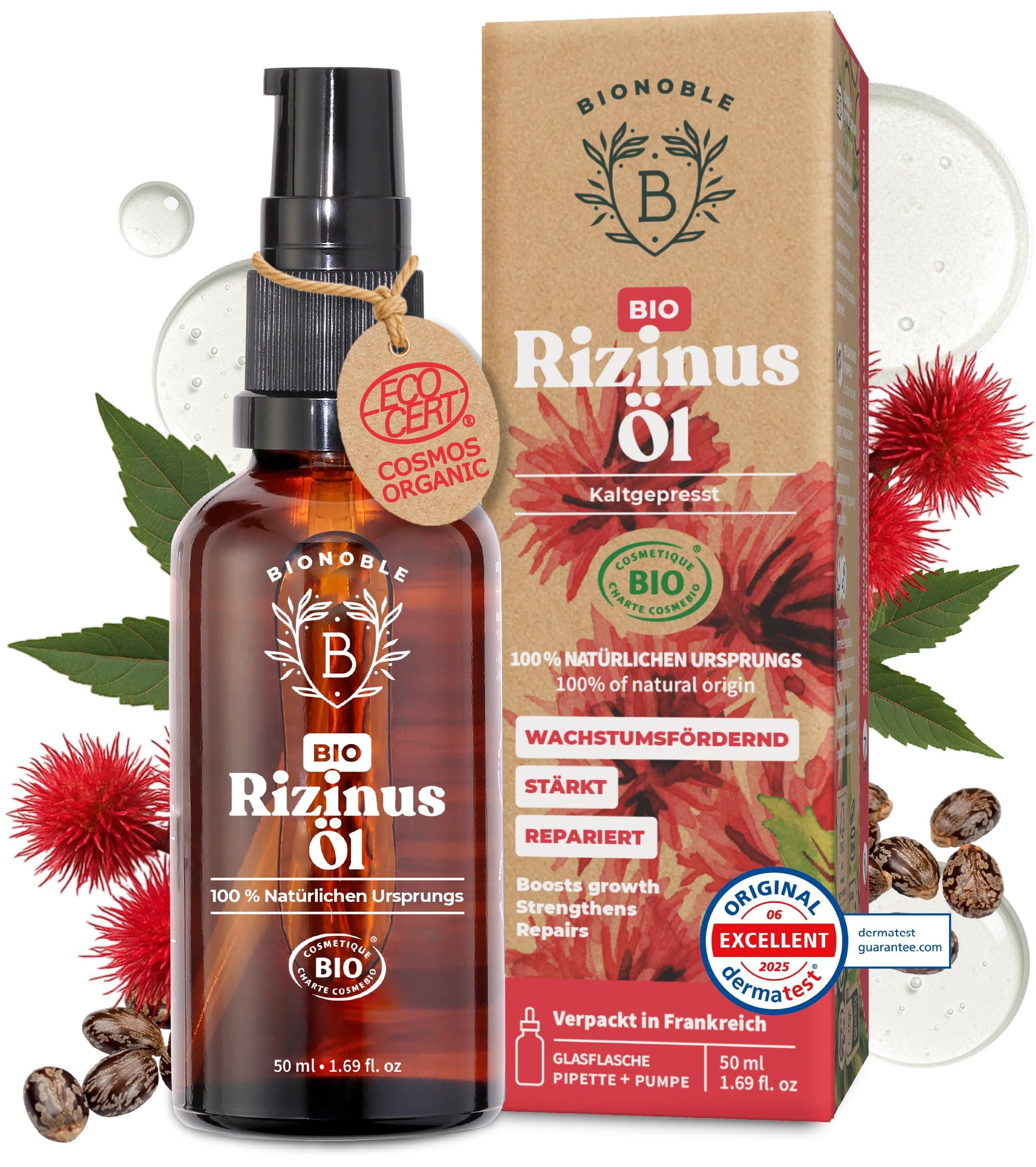 BIONOBLE Rizinusöl Kaltgepresst Bio - 100% Natürlich, Ohne Hexan - Wachstumsfördernd, Repariert - Rizinusöl Bio Haare, Wimpern, Augenbrauen, Haut - Castor Oil - Glasflasche, Pipette, Pumpe - 50ml Rizinusöl 50 ml (1er Pack) Angebot bei HelloDeals