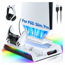 FASTSNAIL ASTSNAIL Standfuß für PS5/PS5 Pro/PS5 Slim, Lüfter Ständer für Playstation5 Digital/Disc Edition, Schnellladen Controller Ladestation für PS5 mit 9 RGB-Modi, Zubehör für PS5/Pro/Slim Weiss/opulenter Garten Angebot bei HelloDeals