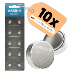 ABSINA SR626SW Uhrenbatterie 1,55V Silberoxid 10er Pack - Knopfzellen SR626SW auslaufsicher & Lange Haltbarkeit - Batterie SR 626 SW / 377 / SR66 / SR626 / 626 / AG4 - Uhrenbatterien Knopfzelle 10er Pack SR626SW Angebot bei HelloDeals