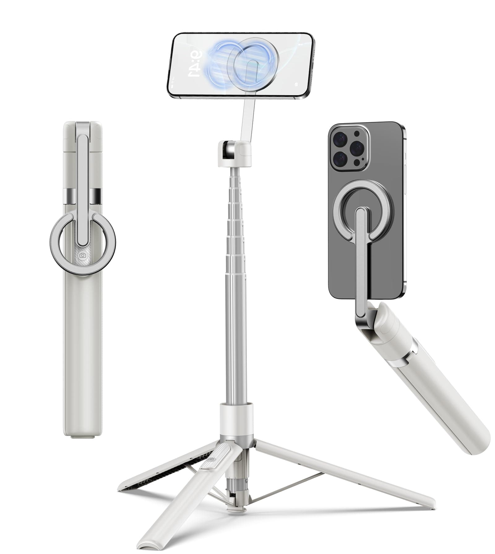 TONEOF 173cm Magnetisches Selfie Stick Stativ,Stark Magnetischer Aluminium Handyhalter, 360° Drehbarer, Einziehbares Reisestativ mit Metallring&Fernbedienung,Foto VideoKits für Handys-BeigeGrau 173cm Beige Grau Angebot bei HelloDeals