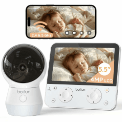 BOIFUN 5.5" Babyphone mit Kamera WLAN, 4MP Video Babyfon mit App, KI-Bauchlage-Erkennung, Buntes Nachtlicht, Nachtsicht ohne Licht, Bewegungs-/Weinen-/Geräuscherkennung, Auto-Tracking, Bereichsalarme Weiß Babyphone mit Kamera Angebot bei HelloDeals