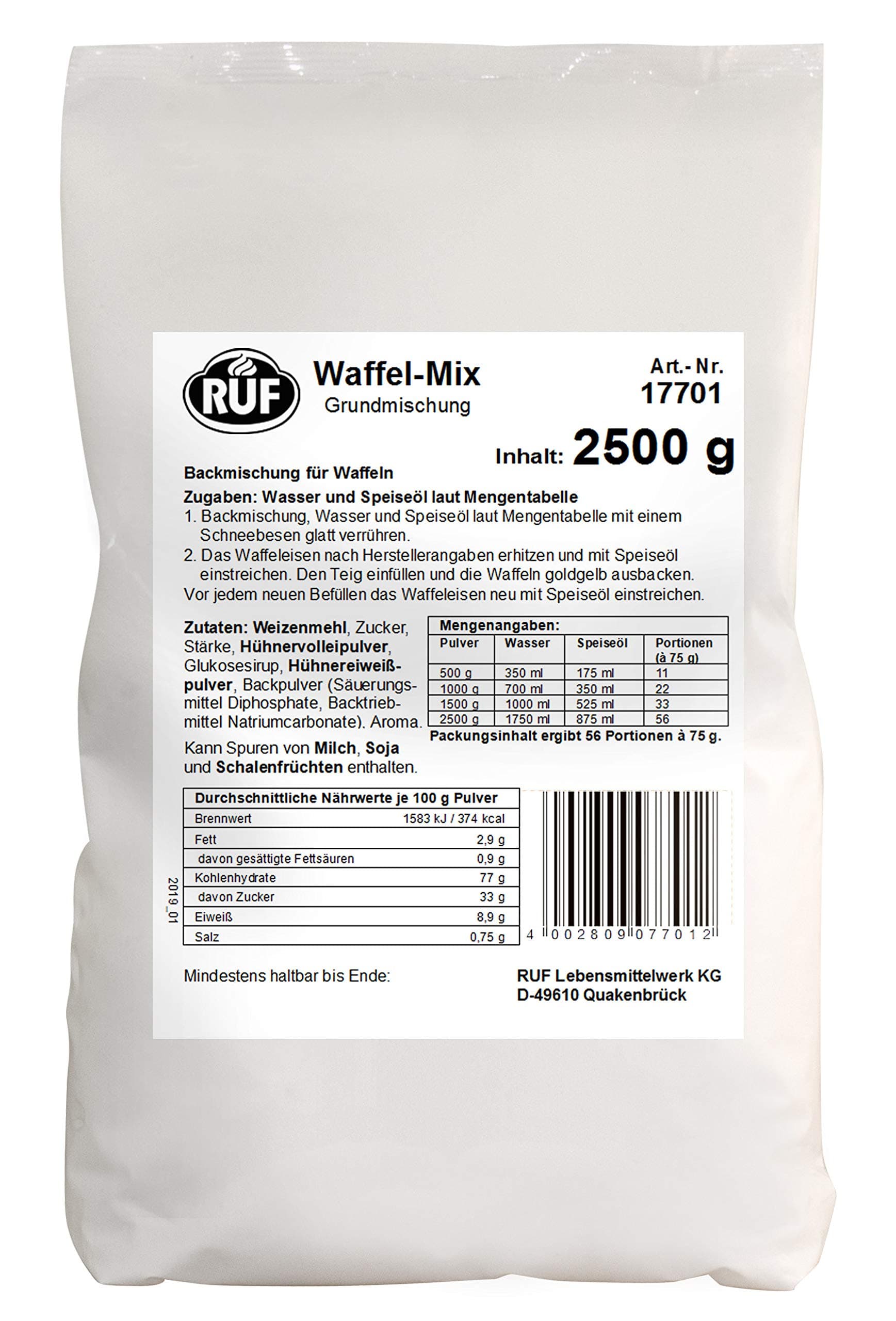 RUF Waffel-Mix, Großpackung, Grundmischung zur Herstellung von Waffeln im Waffeleisen, für Großküchen, Kantinen, Hotels und Restaurants, 1 x 2500g Waffelteig Single Angebot bei HelloDeals