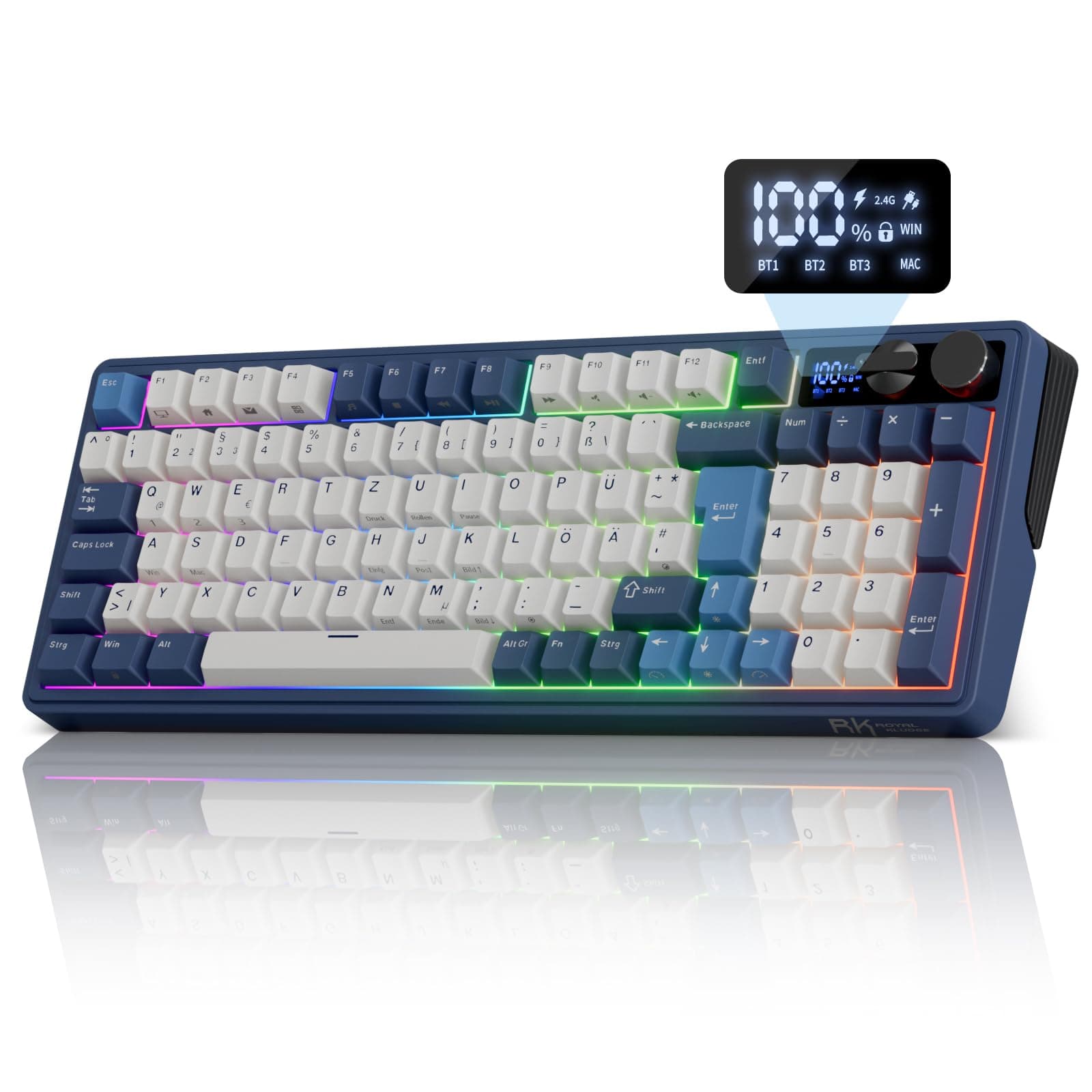 RK ROYAL KLUDGE M100 Gaming Tastatur Kabellose 96% Gasket Mechanische Tastatur QWERTZ Keyboard mit Display und Knopf, 8000mAh, BT/2.4Ghz/USB-C, RGB, PBT Keycaps, Hot Swap Creamy Switches, Retro Blau Angebot bei HelloDeals