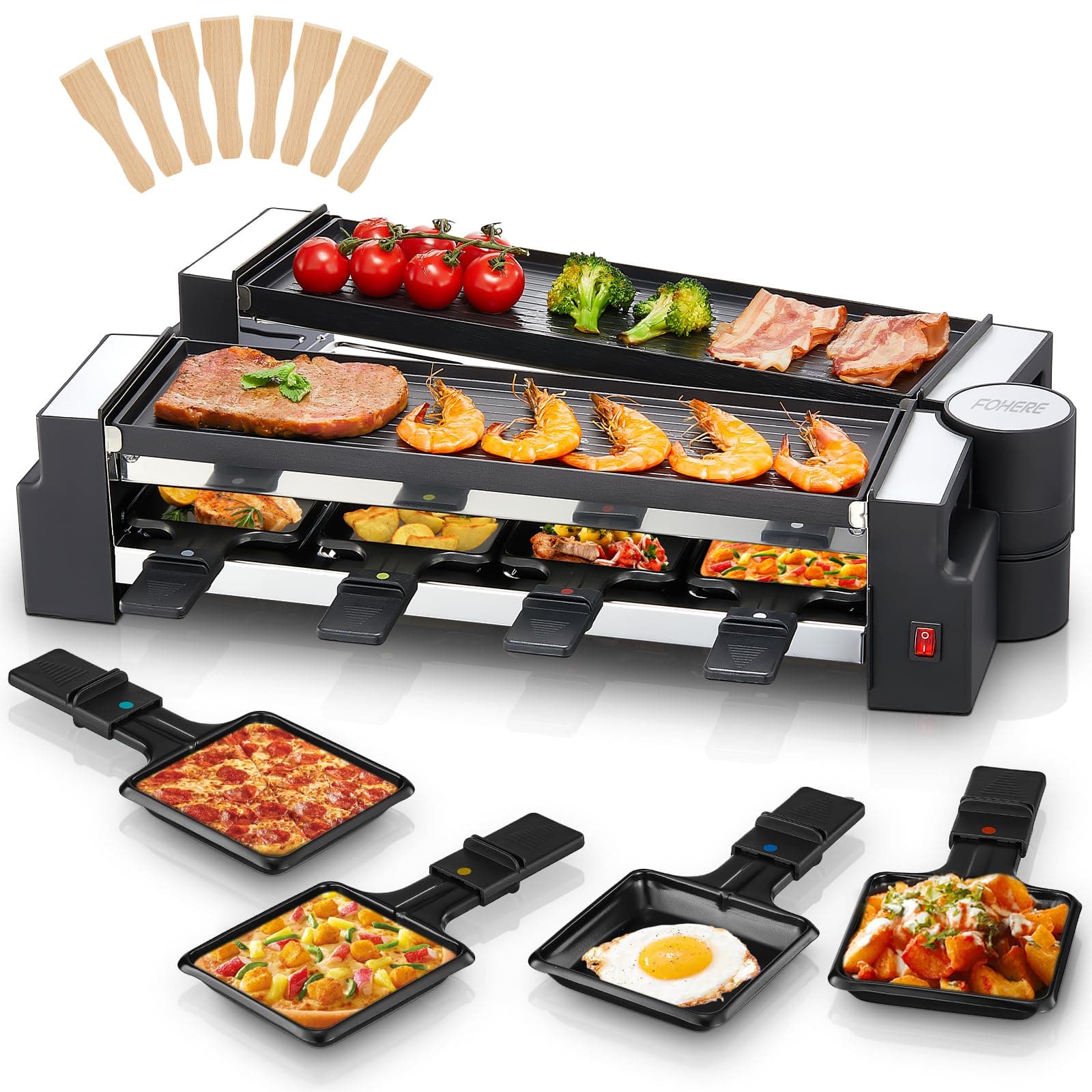 FOHERE Raclette Grill, Drehbarer Raclette 8 Personen mit Antihaftbeschichteter Backplatte und 8 Käseplatten, 1400 W, Edelstahl matt, ideal für Zuhause und Partys Angebot bei HelloDeals