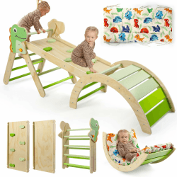 7-in-1 Montessori Kletterdreieck Set mit Rutsche, Kletterbogen & weichem Kissen – Holz Klettergerüst für Babys & Kleinkinder, Indoor Spielgerät, faltbar & sicher (Dinosaur) Angebot bei HelloDeals