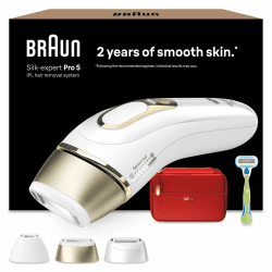 Braun IPL Geräte Haarentfernung Silk·expert Pro 5 — Dauerhaft und Schmerzfrei Haarentfernung für Zuhause — Inkl. Etui, Gillette Venus Rasierer, 3 Aufsätze, Designed in Germany — PL5262, Weiß/Gold Angebot bei HelloDeals