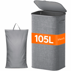 Lifewit 105L Wäschekorb mit Deckel, hoher Wäschekorb mit Kunststoffrahmen, faltbarer großer Wäschekorbsammler, Wäschekörbe für Schlafzimmer, Bad, Hellgrau Hellgrau 105L Angebot bei HelloDeals