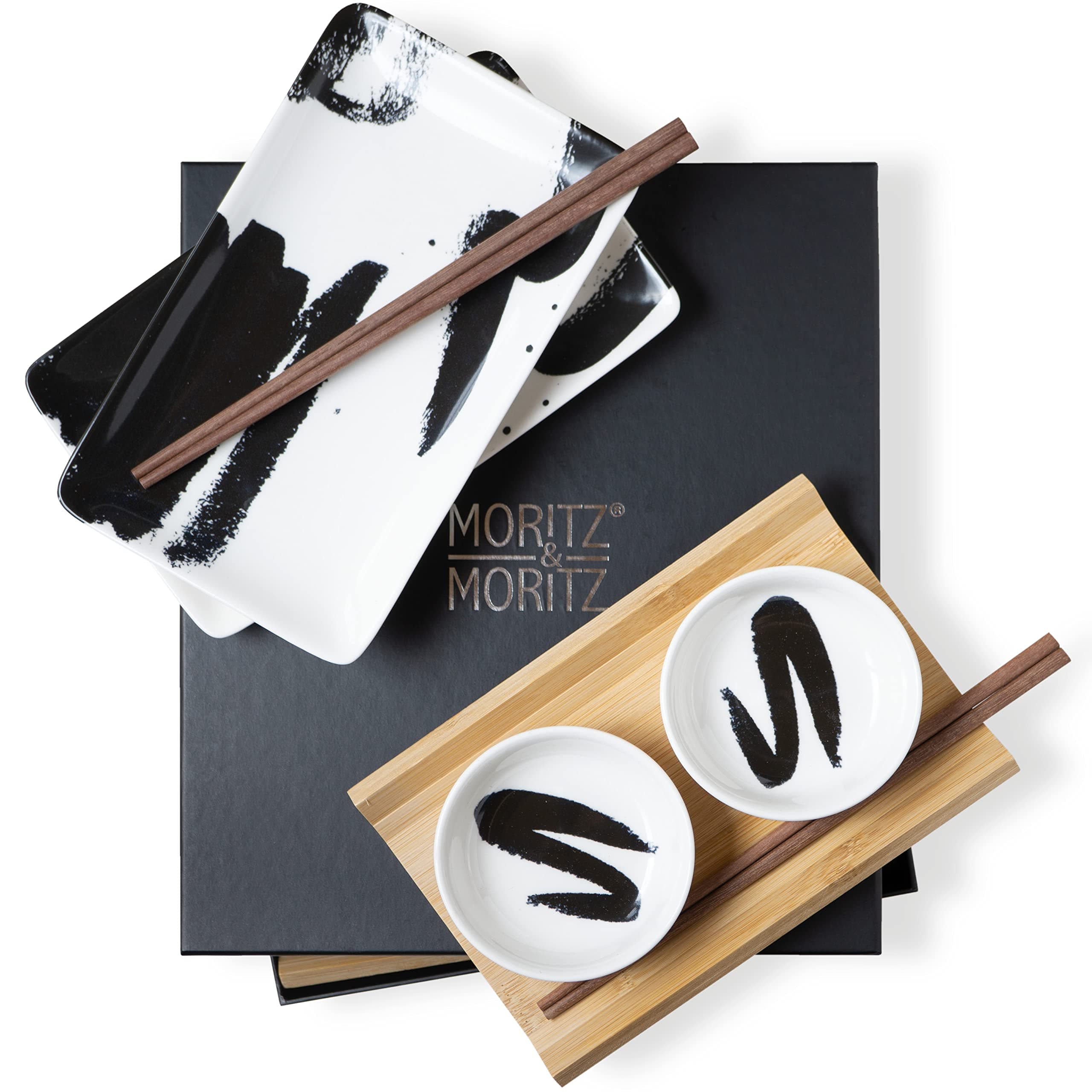 Moritz & Moritz 8-tlg. Sushi Geschirr Set für 2 Personen - Sushi Servierset mit 2x Sushi-Teller, Dip-Schälchen und Stäbchen Angebot bei HelloDeals