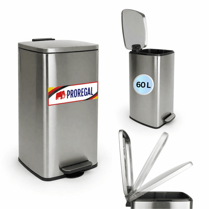 PROREGAL Mülleimer Küche Bad 60L, Abfalleimer mit Softclose & Stay-Open Deckel, Fußpedal & Inneneimer | Stahl, Silber | rechteckiger Treteimer mit Inneneimer, Tretmülleimer 60 Liter Silber 60 Liter Angebot bei HelloDeals