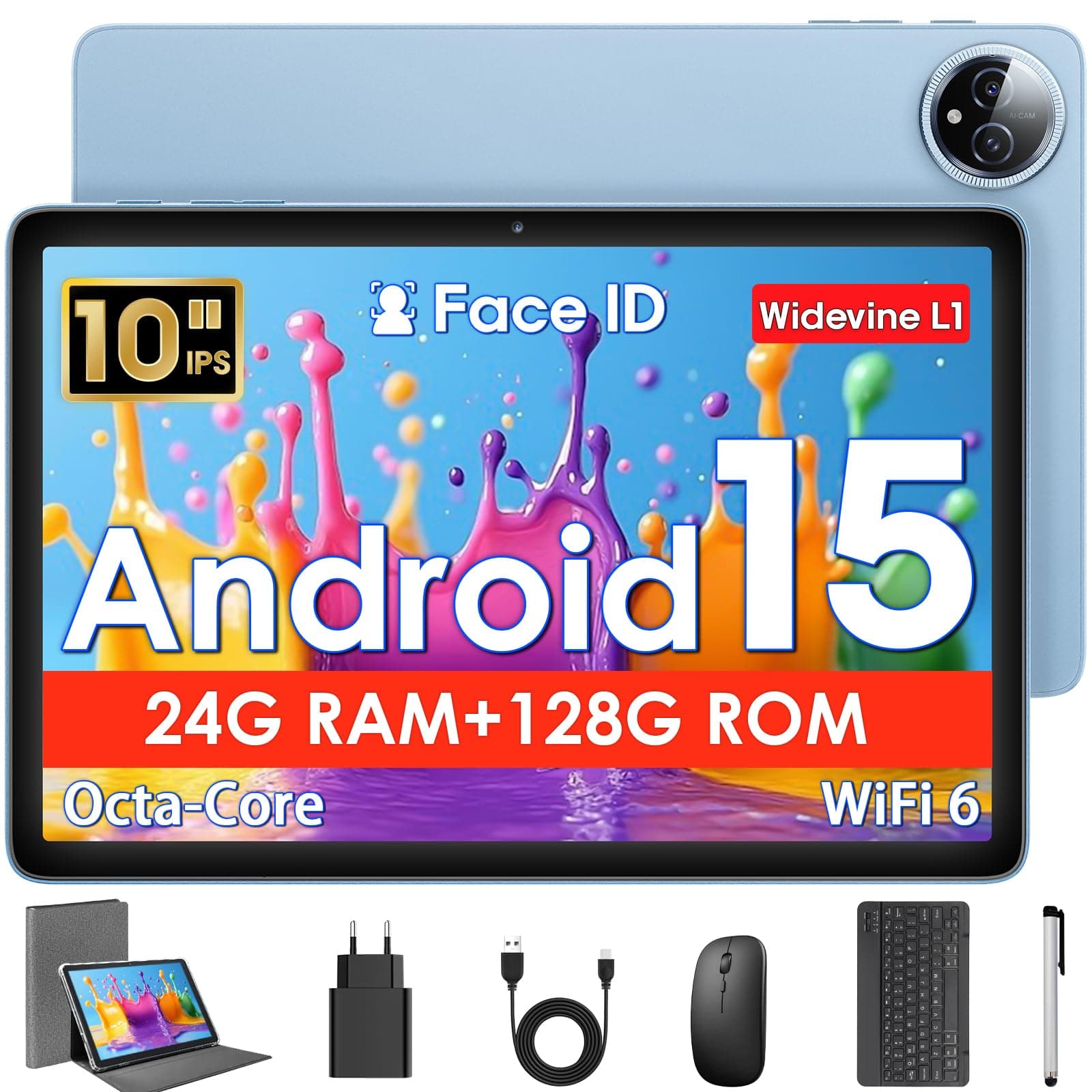 Tablet 10 Zoll, Android 15 Tablets mit Hülle, Maus & Tastatur, Octa-Core, 24 GB RAM + 128 GB ROM + 1 TB TF, 1280x800 HD IPS-Display, Duale Kamera, 6000 mAh, WiFi 6, BT 5.0, Widevine L1, GPS, Blau K80B Angebot bei HelloDeals