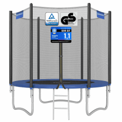 SONGMICS Trampolin Outdoor Ø 183/244/305/366/427 cm, rundes Gartentrampolin Kindertrampolin mit Randabdeckung, mit Sicherheitsnetz, mit Leiter und gepolsterten Stangen 244 cm Blau Angebot bei HelloDeals