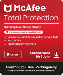 McAfee Total Protection 2026 (5 Geräte), 12 Monate Amazon Exklusiv | Virenschutz, VPN, Betrugsschutz, Sicherheitssoftware| Amazon Abonnement mit automatischer Verlängerung Amazon Subscriptions 12 Monate 5 Geräte Angebot bei HelloDeals