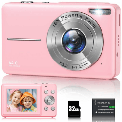 Digitalkamera 1080P 44MP Fotokamera 16X Digitalzoom Kamera, Vlogging Fotoapparat Kompaktkamera mit 2,4" LCD Bildschirm, 32G Micro Speicherkarte, 1 Akku für Kinder Teenager Studenten Anfänger-Rosa pink Angebot bei HelloDeals