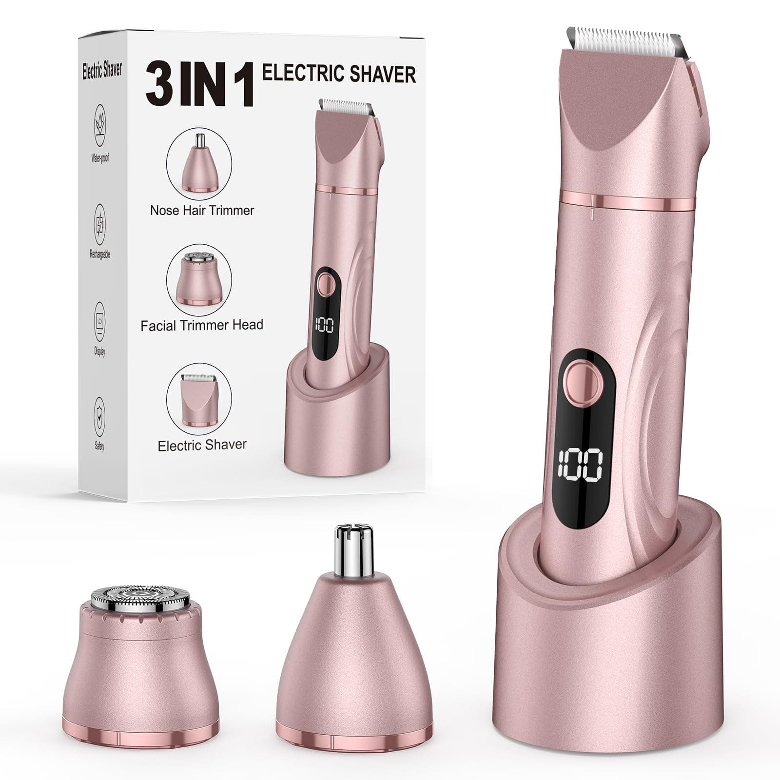 Rasierer Damen, 3-in-1 Intimrasierer für Frauen Elektrisch für Körper Scham und Nasenhaartrimmer Nass- und Trockengebrauch Wiederaufladbarer Trimmer (Roségold) Rose Gold Angebot bei HelloDeals