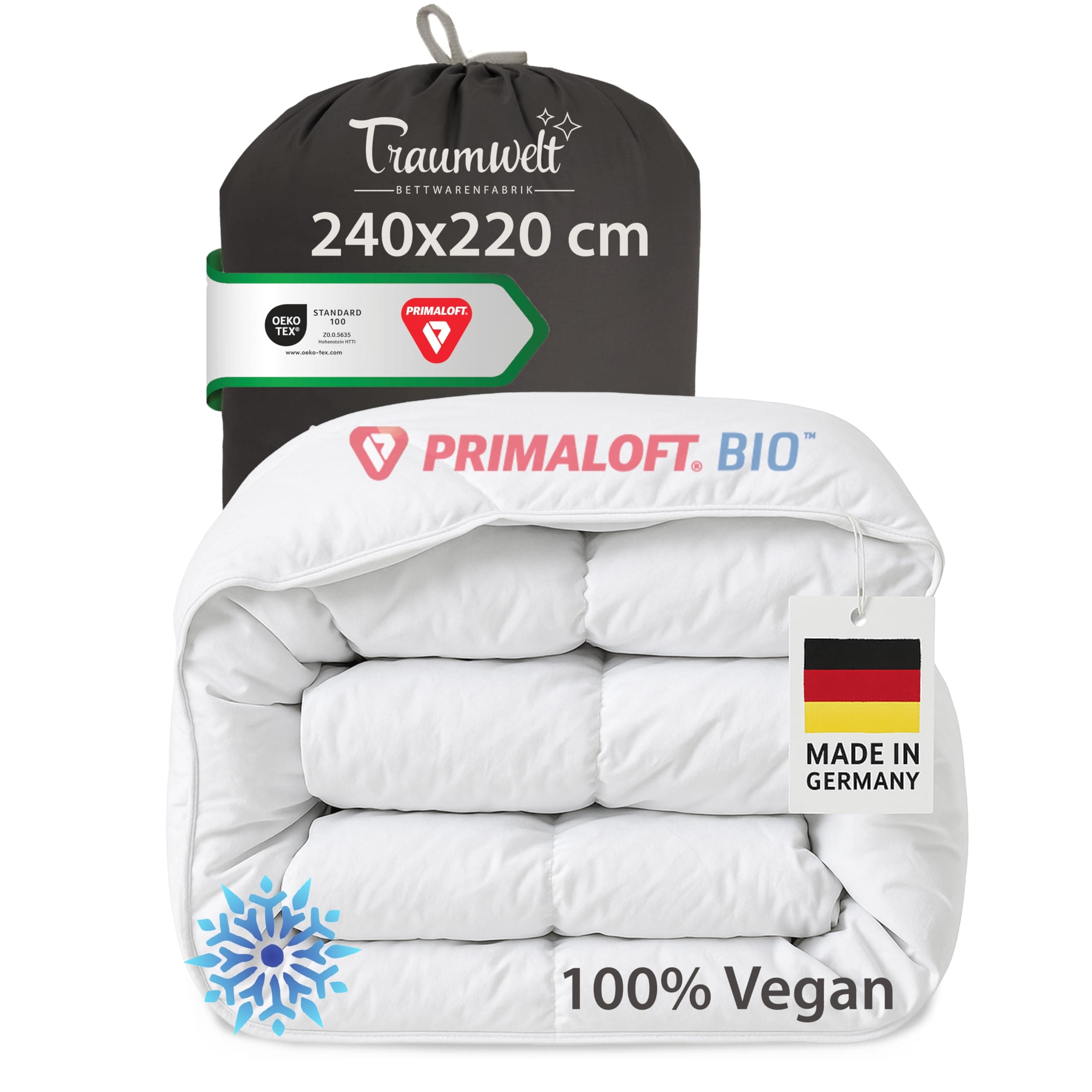 Made in Germany Bettdecke 240x220 cm, hochwertige Daunenalternative mit Primaloft Bio Mikrofasern-Füllung, Winterdecke, Füllgewicht: 1760g, weiß, Allergiker geeignet, Öko-Tex 100 240 x 220 cm Winterdecke Angebot bei HelloDeals