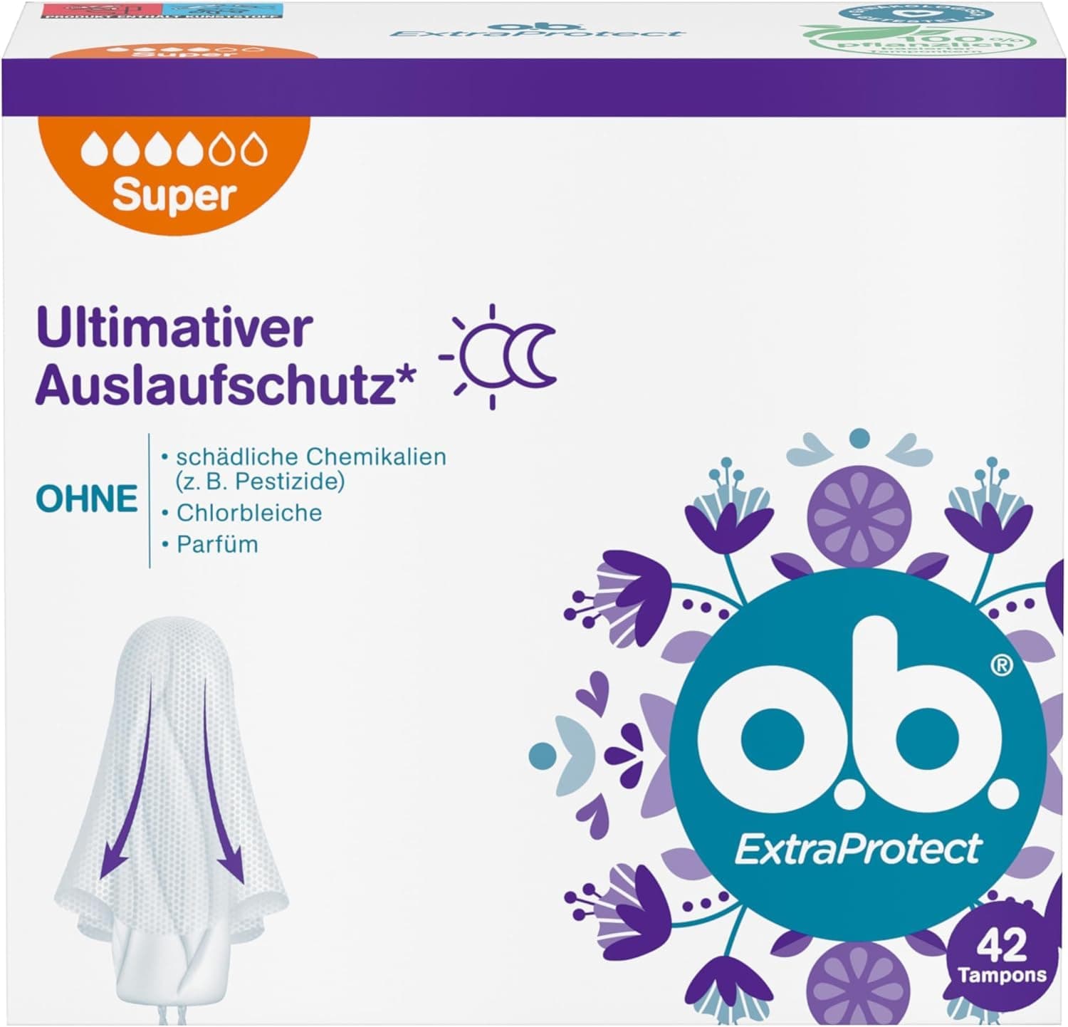 o.b. ExtraProtect Super, Tampons für starke Tage mit Dynamic Fit Technologie und extra Schutzflügeln, für ultimativen Auslaufschutz* (1 x 42 Stück) 1x 42 Angebot bei HelloDeals