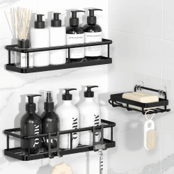 YASONIC Duschregal ohne Bohren mit Seifenschale - Rostfreier & Stabiler Badezimmer Organizer, Schnelltrocknend Duschablage Badregal, Shampoo Halterung für Dusche Shower Shelf, 3 Stück Schwarz Angebot bei HelloDeals