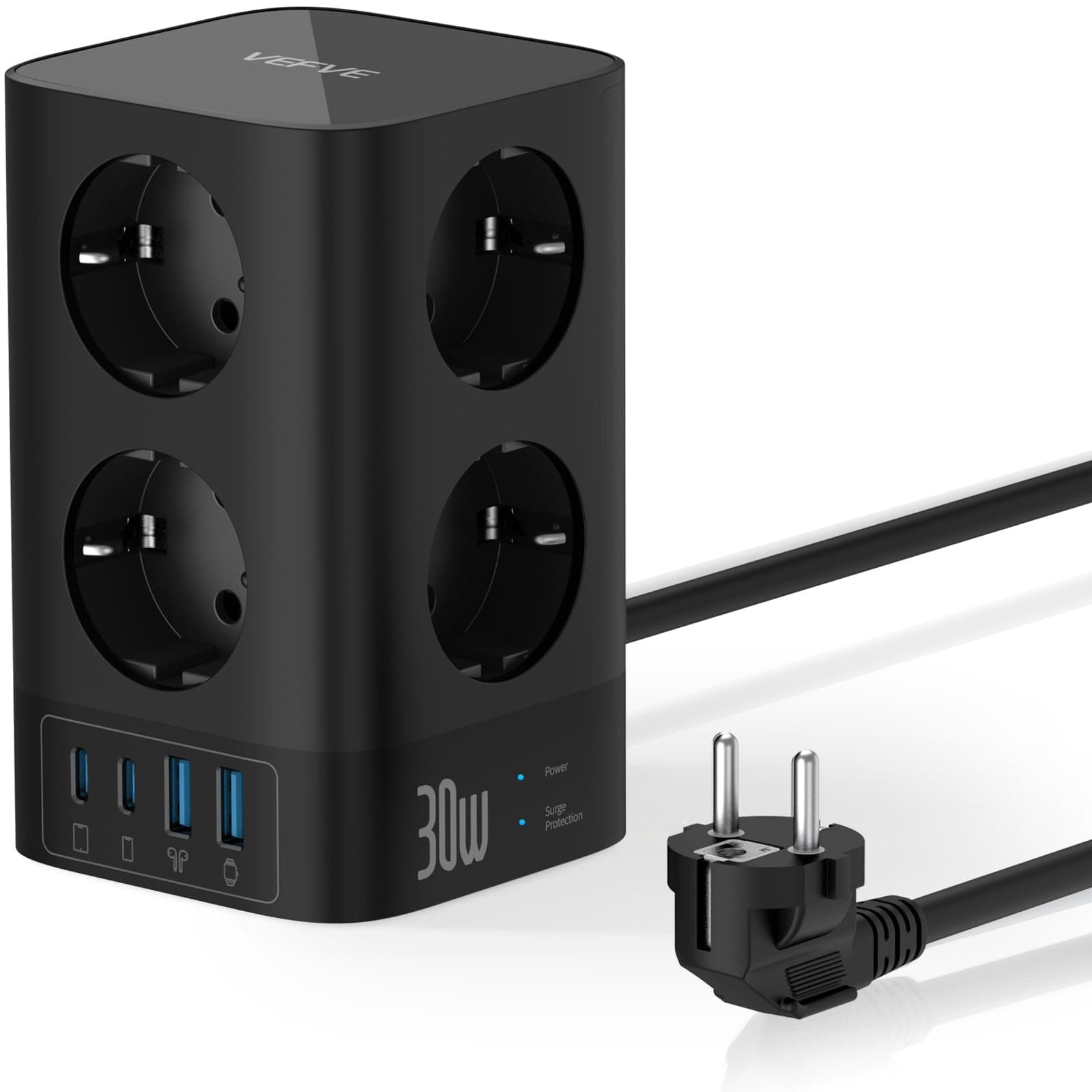 VEFVE Mehrfachsteckdose mit USB C 30W Schnellladung, 8-Fach Steckdosenturm mit 4 USB, Steckdosenleiste mit Schalter Überspannungsschutz, 5m Kabel, 4000W 16A, – für Büro, Zuhause, Gaming 5 Meter Angebot bei HelloDeals