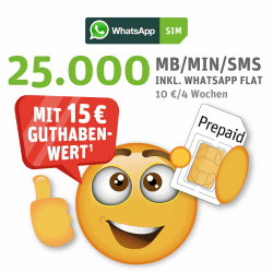 WhatsApp SIM Prepaid - Starterpaket mit 15 EUR Guthabenwert, ohne Vertragsbindung, Option mit 25.000 Einheiten (MB/MIN/SMS), Surf-Geschwindigkeit: 50 MBit/s 5G Single Angebot bei HelloDeals