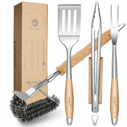 TIVOLI Grillbesteck Set 4-teilig, aus hochwertigem Edelstahl Gefertigt, mit Sicheren Holzgriffen, inklusive Grillzange, Pfannenwender, Grillbürste und Grillgabel – Grill Geschenke für Männer Braun Angebot bei HelloDeals