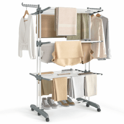 SONGMICS Wäscheständer, Standtrockner 4 Ebenen, Flügelwäscheständer, klappbare Flügel, mit Rollen, 63,5 x 125,5 x 173 cm, groß, einfacher Aufbau, wolkenweiß-Taubengrau LLR703WZ02 Wolkenweiß + Aubengrau Faltbare Basis Standtrockner Angebot bei HelloDeals