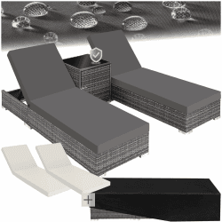 tectake® 2er Garten Lounge Sonnenliegen Set mit Tisch, Aluminium Gartenliege, Gartenlounge Outdoor, Relaxliege inkl. 2 Bezugsets und Schutzhülle, Outdoor Poly Rattan Gartenmöbel Set, 2er Set - grau Angebot bei HelloDeals