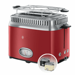 Russell Hobbs Toaster [für 2 Scheiben] Retro Edelstahl Rot (Countdown-Anzeige im Retrodesign, inkl. Brötchenaufsatz, 6 Bräunungsstufen + Auftau- & Aufwärmfunktion, 1300W) Vintage 21680-56 1,7l Rot Angebot bei HelloDeals