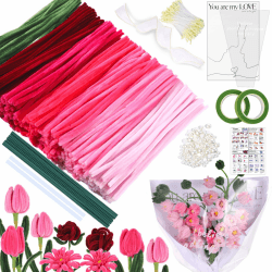 MKLG 385 Stück Pfeifenreiniger Blumen Set, Pfeifenputzer Blumen Zum Basteln, Mit Grüne Blumenstöcke, Klebebandrollen, Klebestifte, Anleitungen, Blumenstraußverpackungen, Bänder, Staubgefäße etc rosa Angebot bei HelloDeals