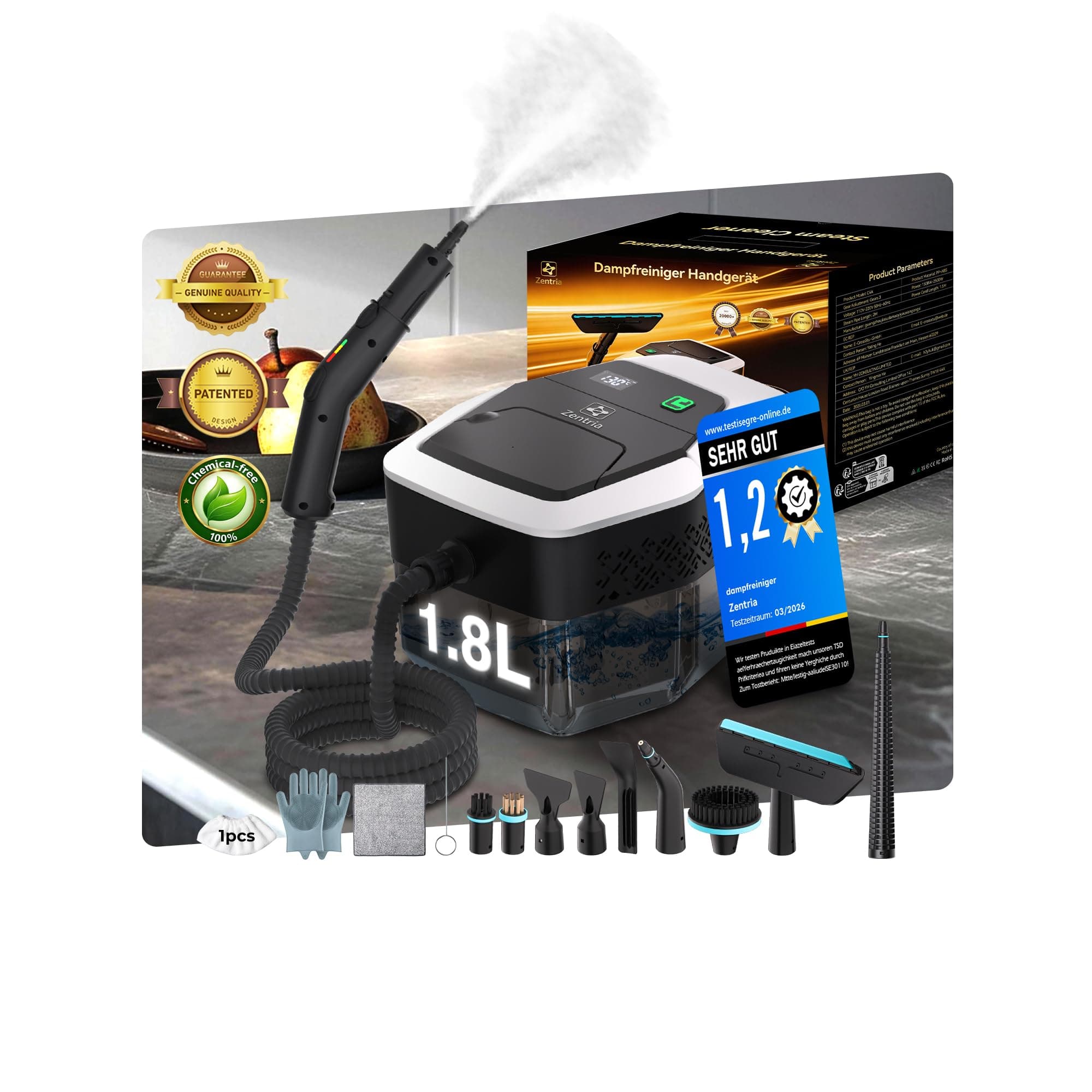 16-IN-1 Dampfreiniger Handgerät【Batterieloser Stufengriff mit deutscher CTL-Technik】【99,99% Keimreduktion-Deutsche SPJ Spitzentechnik】Dampfreiniger für Alles,Steam Cleaner für Boden, Küche etc.(1.8L) Schwarz Angebot bei HelloDeals