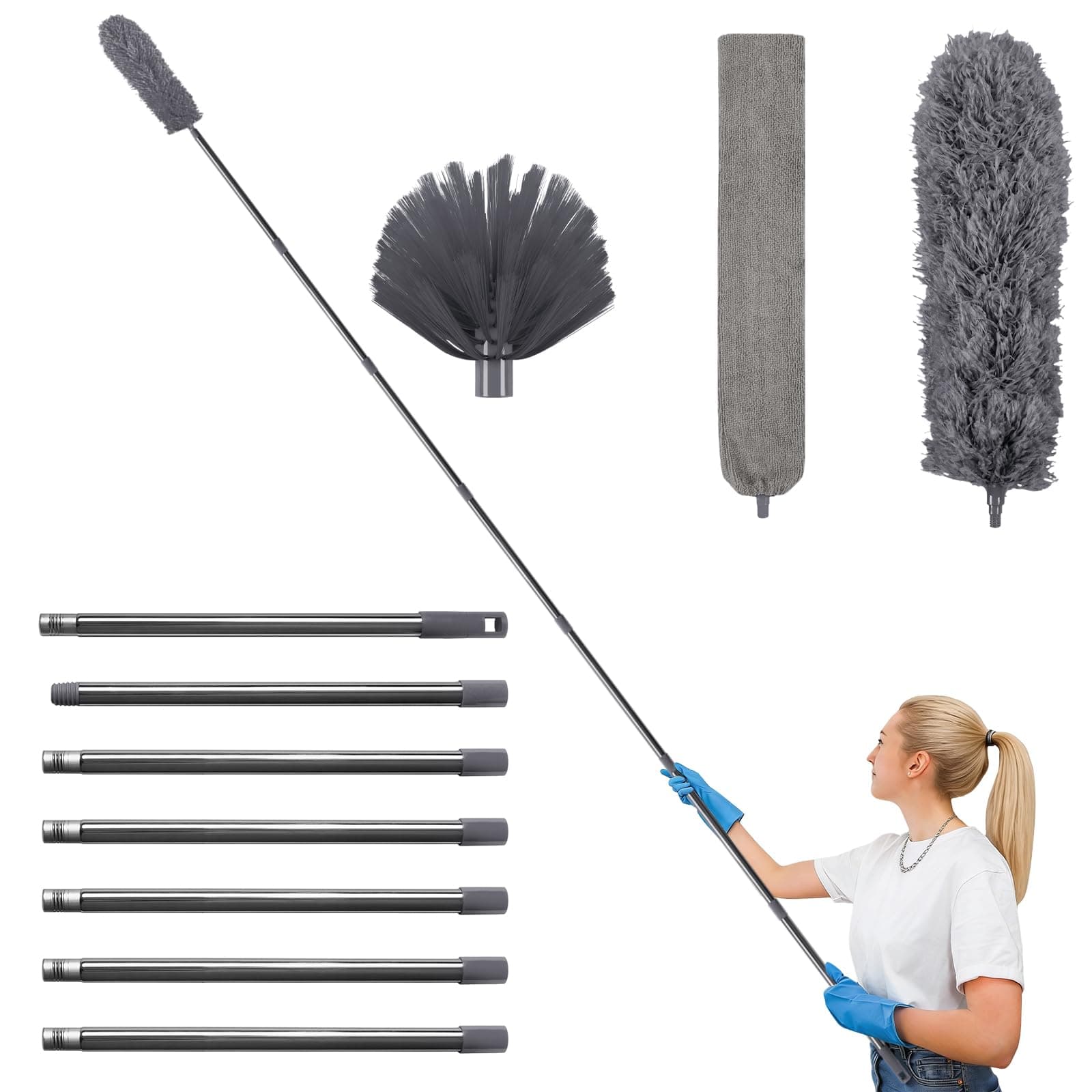 Terafeels 310 cm Staubwedel Lang Teleskop Waschbar, mit 1 Biegbare Eckbesen und 1 Spinnenwebenentferner für Reinigung Unter Sofa Möbeln Deckenventilator Spinnweben (Grau) Angebot bei HelloDeals