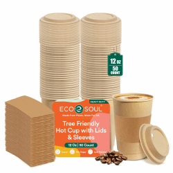 ECO SOUL Papp-Kaffeebecher einweg aus Bagasse mit Deckel & Manschette | 340 ml (12 oz) | 50 Stück | 100% kompostierbar | Umweltfreundliche Einweg-Paperbecher To Go für Kaffee & Tee 50 With Lid & Sleeves (340 Ml) Angebot bei HelloDeals