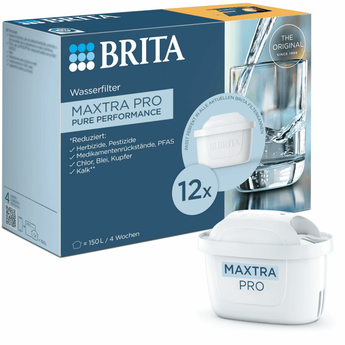 BRITA Wasserfilterkartusche MAXTRA PRO Pure Performance (All-In-1) 12er-Pack Jahrespack – Original Ersatz-Wasserfilter für BRITA-Kannen: reiner Wassergeschmack – filtert PFAS, Chlor, Kalk & Metalle 12er Pack Angebot bei HelloDeals