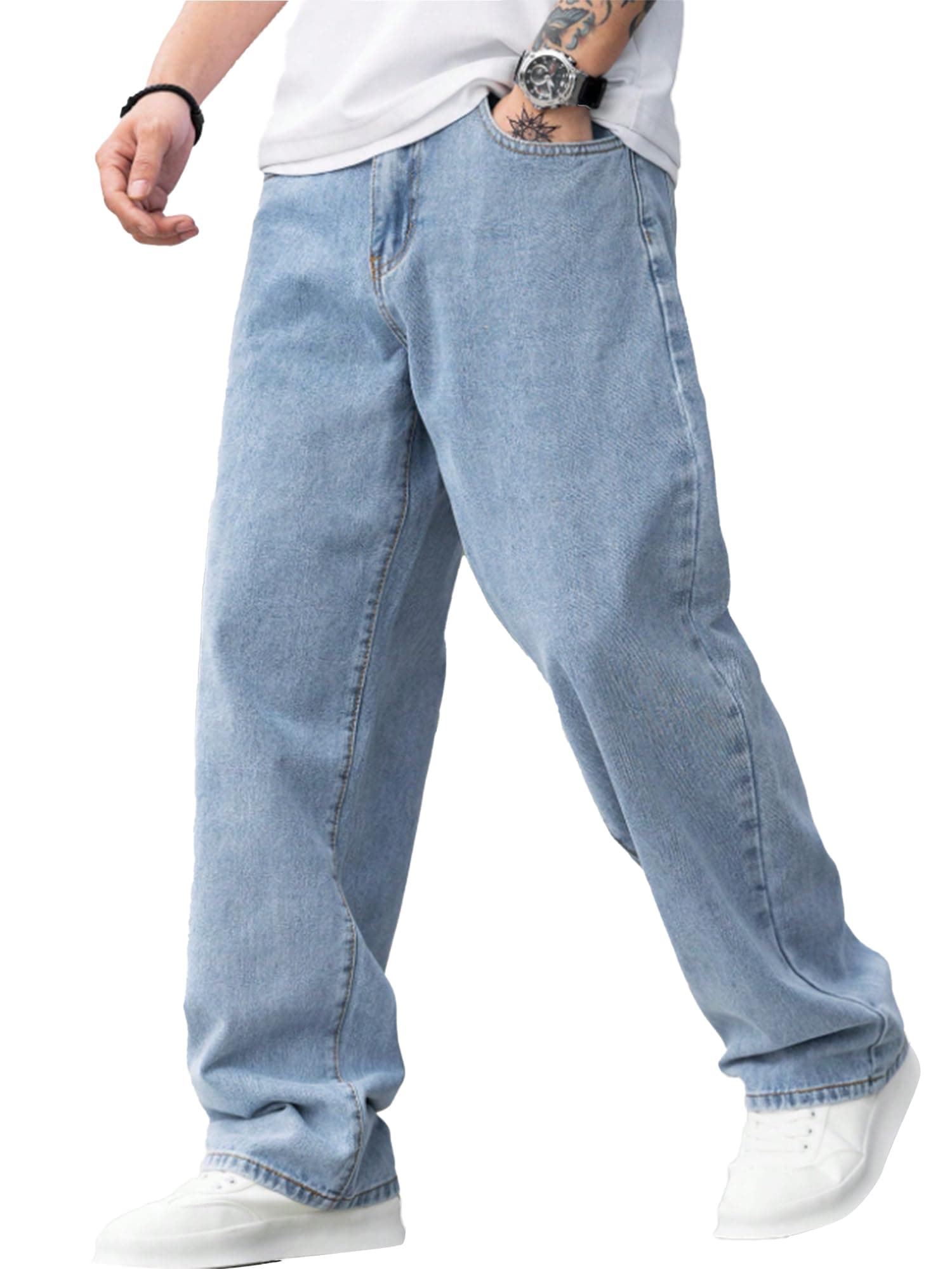JMIERR Jeans Herren Baggy Baumwolle Weite Jeans Hose Herren Stretch Vintage Loose Fit - Bequeme Streetwear Freizeithosen Hellblau S Angebot bei HelloDeals