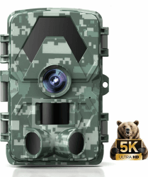 Wildkamera, 5K 60MP Wildtierkamera mit 98FT 130 Weitwinkel, 0,05s Auslösezeit Nachtsicht Bewegungssensor Jagdkamera, IP66 Wasserdicht, No Glow Infrarot-LEDs für den Garten mit 64GB Speicherkarte Grün & Blau Angebot bei HelloDeals