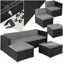 tectake® Poly Rattan Lounge, Outdoor Sitzgruppe, Set mit Sofa Sessel, Hocker, Tisch, frei kombinierbar, Sitzecke für 3-4 Personen, Möbel wetterfest für Garten Terrasse Balkon - schwarz Für 3-4 Personen Schwarz Angebot bei HelloDeals