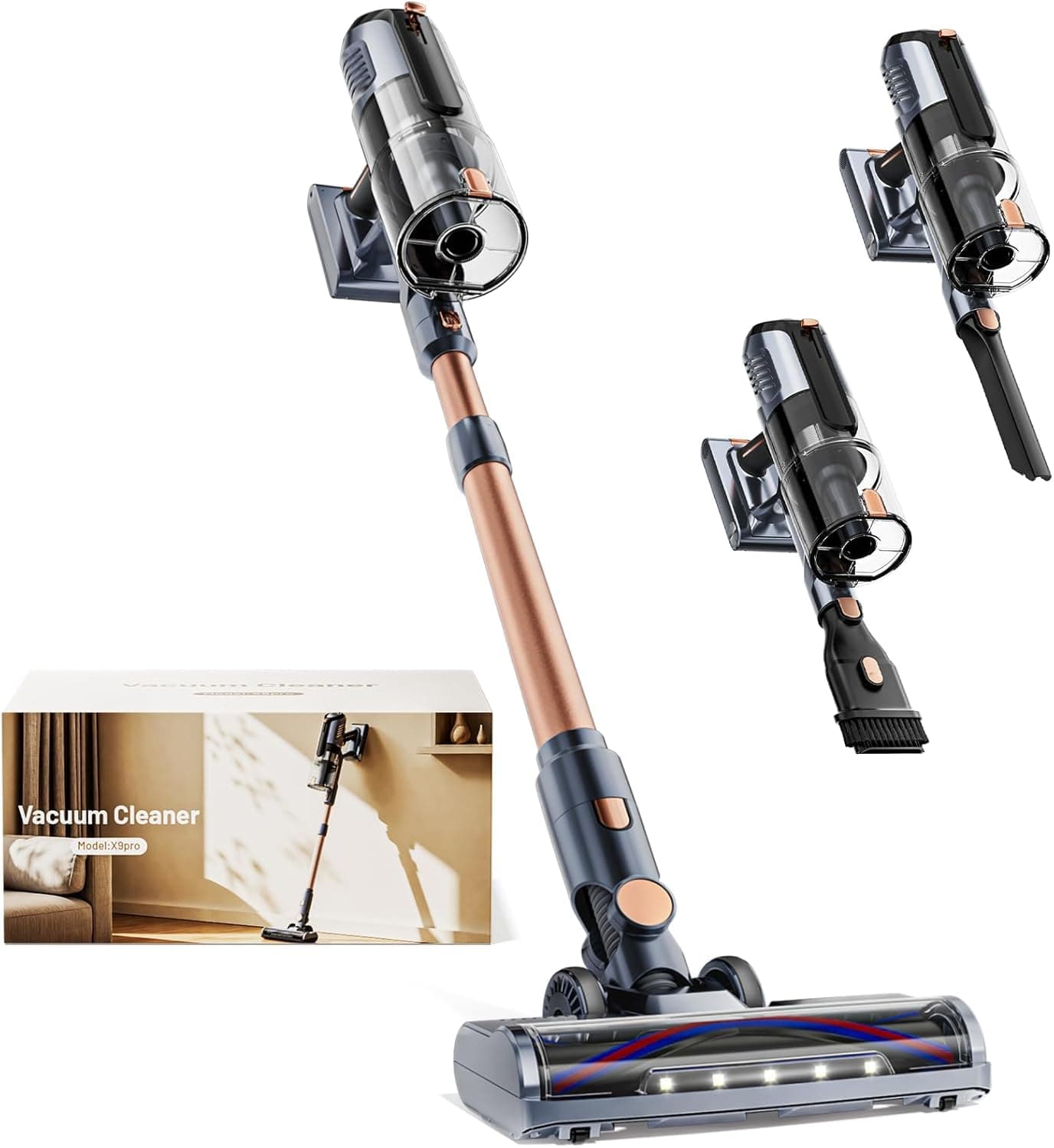 Akku Staubsauger 45000Pa, 60Min, nur 1,9 kg, 6-in-1 Staubsauger Kabellos mit LED-Leuchten, Anti-Tangle-Bürste & Ladestation,99,9 Prozent Filterleistung für Tierhaare, Teppiche, Hartböden, Auto Grau Angebot bei HelloDeals