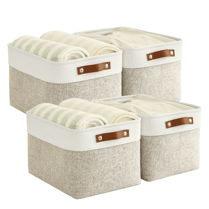 Bagnizer Klappbare Aufbewahrungskörbe für Regale Schrank 4-teilige Große Stoff-Organizer-Boxen mit Griffen Wasserdichte Leinwand-Box für Kleidung, Haustierspielzeug, 38x28x24CM Beige & Weiß L-38x28x24CM Beige-4pcs Angebot bei HelloDeals