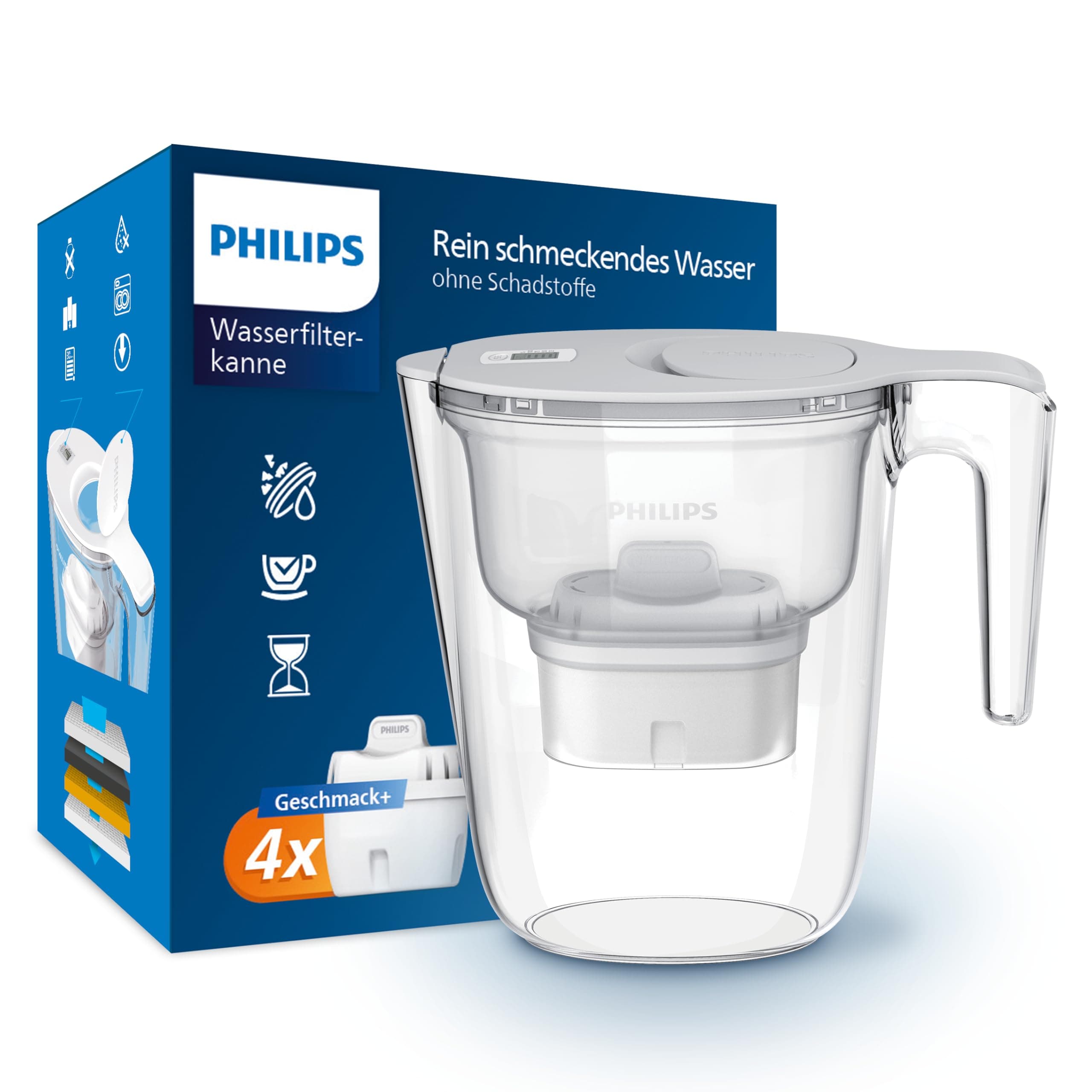 Philips Water Wasserfilterkanne +4 Geschmack+ Ersatzfilterkartuschen schneller Durchfluss elektronischer Timer filtert Chlor Kalk Schwermetalle und Mikroplastik 2,6 L Geschmack+ +4 Kartuschen, 2.6L Angebot bei HelloDeals