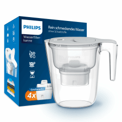 Philips Water Wasserfilterkanne +4 Geschmack+ Ersatzfilterkartuschen schneller Durchfluss elektronischer Timer filtert Chlor Kalk Schwermetalle und Mikroplastik 2,6 L Geschmack+ +4 Kartuschen, 2.6L Angebot bei HelloDeals