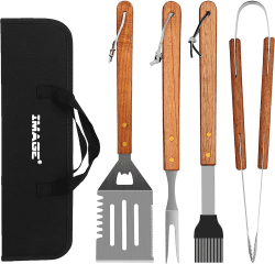 IMAGE 4 Stück BBQ Grill zubehör Hochwertiges Grillbesteck Set(mit Grillzange, Grillwender, Fleischgabel, Grillbürste und Tragetasche) Hinterhof Grillen & Camping Outdoor, Grill Geschenke für männer Angebot bei HelloDeals